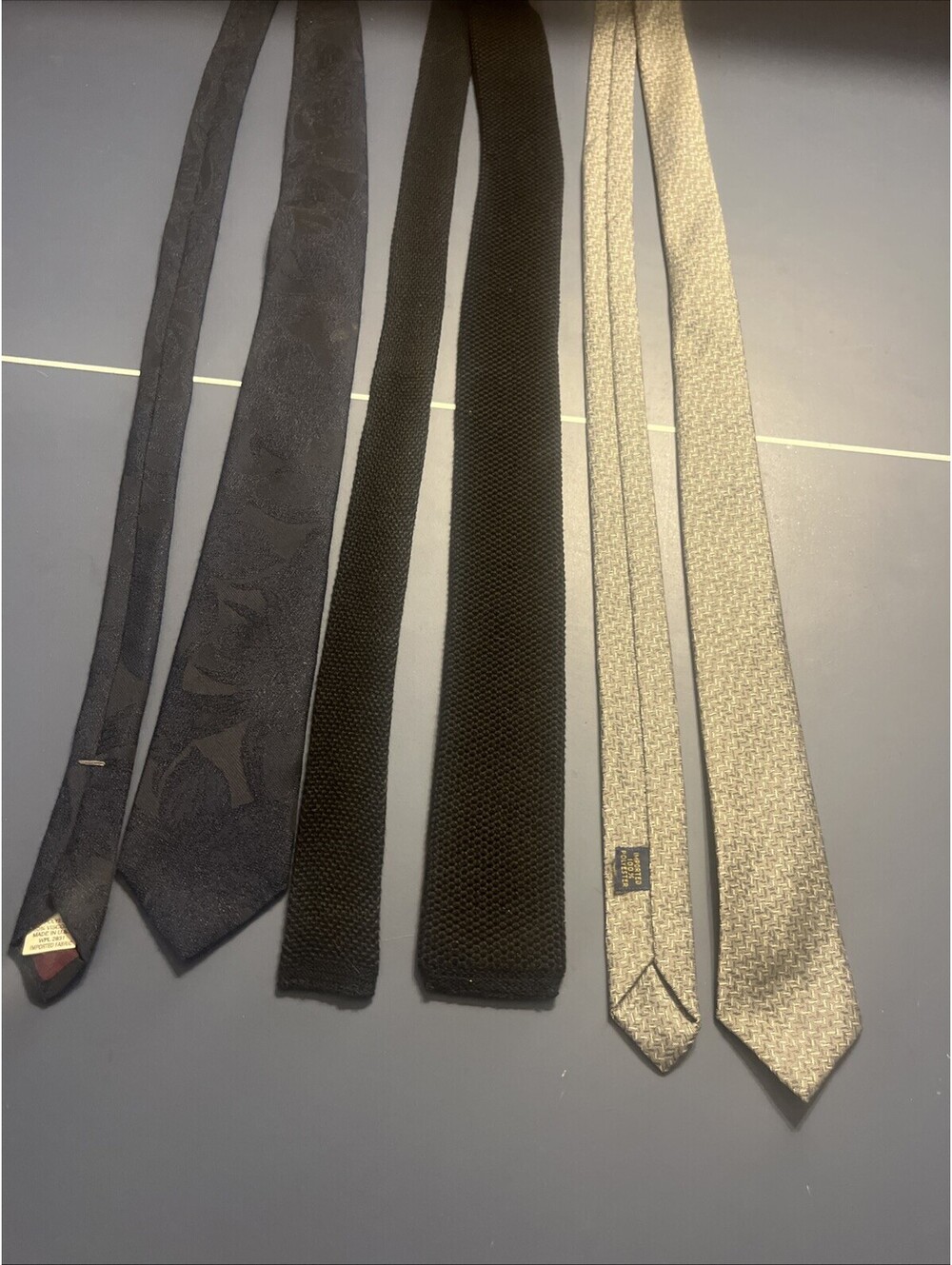 Vintage Men's Skinny Tie Lot of 3 Navy Blue Patterned, Black Knit, Gray Textured
